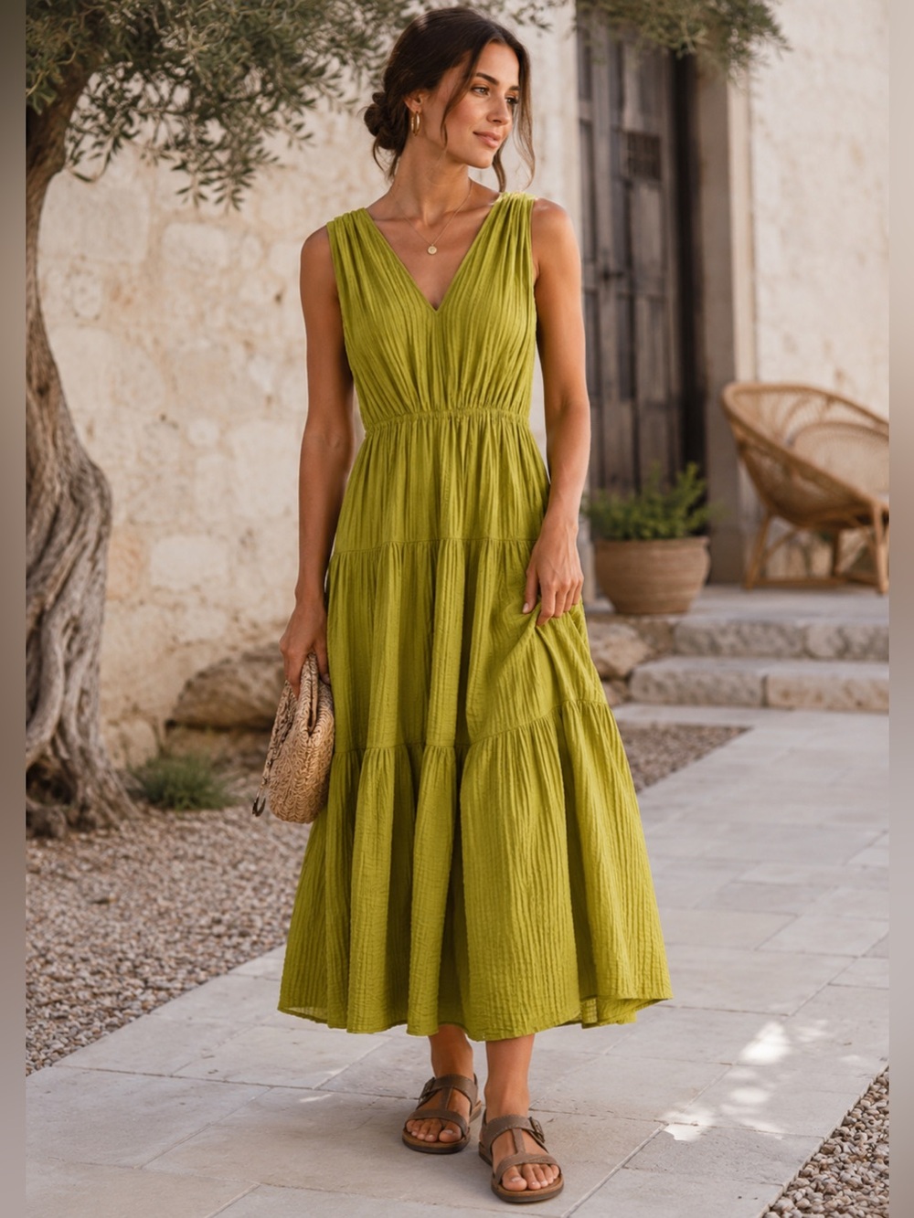 H&M Olive Green Sleeveless V-Neck Tiered Midi Dress Side S